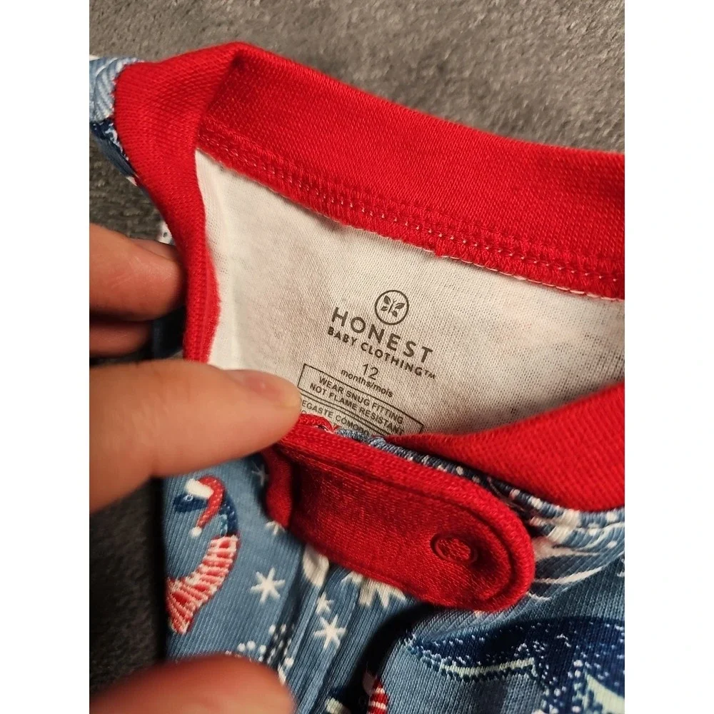 Honest Kids Organic Cotton Footed Pajamas 12M Set of 2‎ Christmas PJs Red White